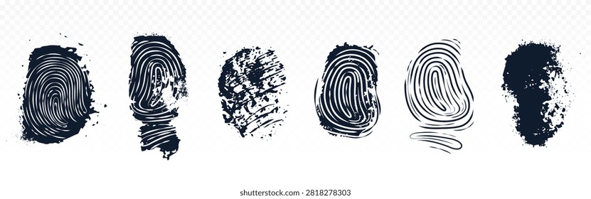 Realistic fingerprint patterns, thumbprint black ink smudges, vector human identification marks isolated on transparent background. Forensic evidence elements, crime investigation tools, police clue