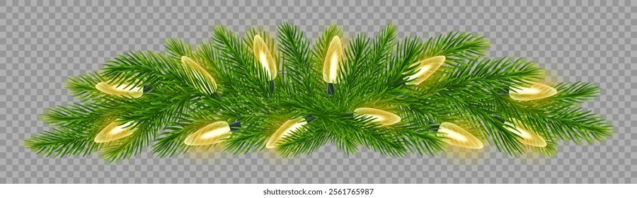 Realistic fir branches border decorated with yellow Christmas light garland on transparent background. For holiday banners, New Year, Christmas posters. Vector illustration