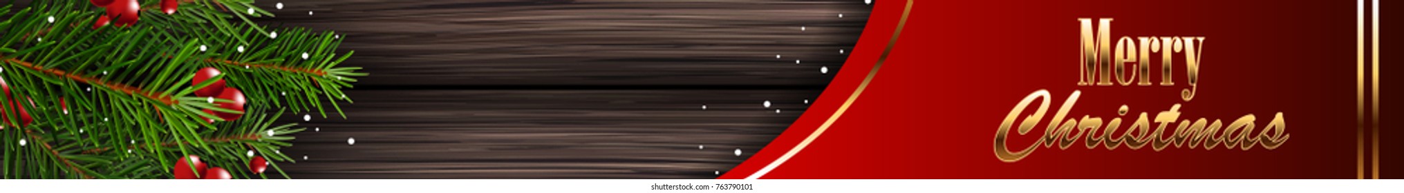 Realistic fir branches on a background of wooden boards. Christmas banner with snowflakes