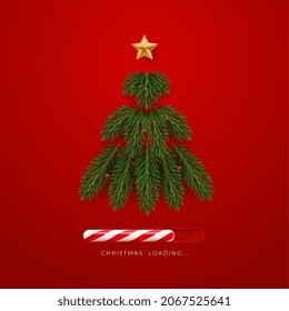 Realistic fir tree made of branches decorated with star and red balls. Christmas is loading. New year vector concept card illustration on red background