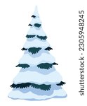 Realistic fir tree in snow. Fluffy pine on white background. Spruce covered with snow. Winter snow-covered tree