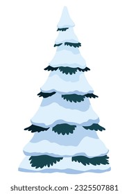 Realistic fir tree in snow. Fluffy pine on white background. Spruce covered with snow. Winter snow-covered tree