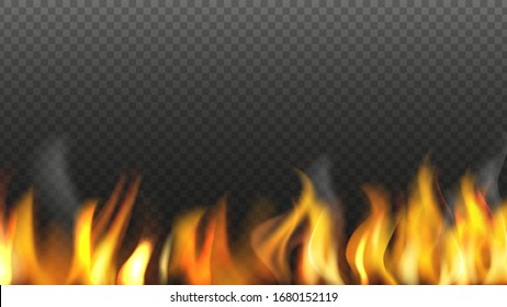 Realistischer Feuerhintergrund. Flammen einzeln auf transparentem Hintergrund. Vektorillustration mit brennender Beleuchtung