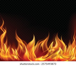 Realistic fire background. Flame overlay border, flaming frame with copy space and glow. 3D hot red bonfire. Vector fire illustration, burning banner, flare effect.