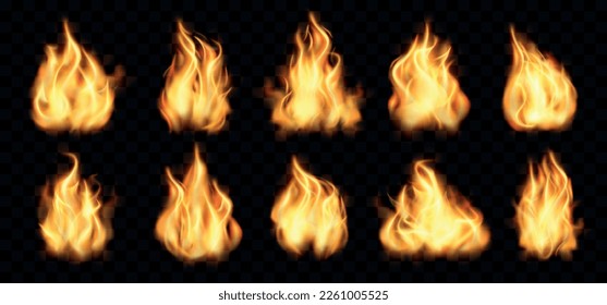 Realistic fire. Burn effect with red flare. Torch blaze. Bonfire light. Flame with spark and smoke. Campfire or fireball. Hot hell elements set. Vector transparent neoteric background