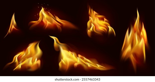 Realistic fire. Burning flames realistic sparks. Flaming hot red fire, bonfire or campfire glowing fiery 3d elements. Vector isolated on black set.