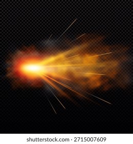 Una nube de fuego realista de un disparo de pistola, con chispas y humo. Un disparo. Fuego de pistola, explosión. Interfaz de juego. Ilustración vectorial. Fondo oscuro transparente aislado.