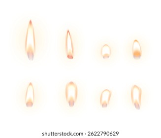 Realistic fire effects different intensity. Flame of candle, match, gas oven or heater. Isolated set burn wick, various flames vector clipart