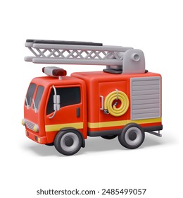 Realistic fire engine with ladder and hose. Detailed vector model of specialized transport