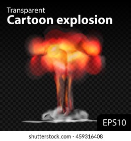 Realistic fire explosion with transparency isolated on checkered vector background, transparent cartoon explosion