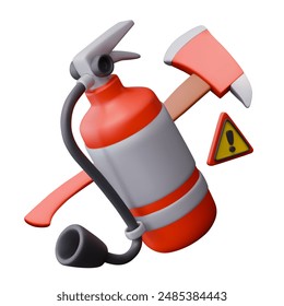 Realistic fire extinguisher with blank label, fire axe, attention sign. Caution, danger