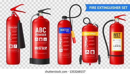 Реалистичный набор огнетушителей с изолированными переносными противопожарными устройствами различной формы на прозрачном фоне векторной иллюстрации