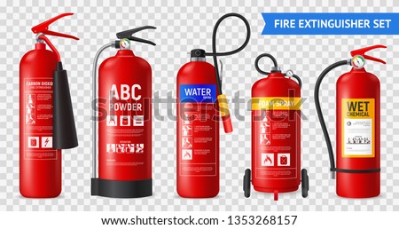 Realistic fire extinguisher set with isolated portable fire-fighting units of different shape on transparent background vector illustration Stockfoto © 