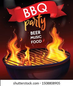 Realistic fire flame bbq grill composition with bbq party beer music food headline vector illustration