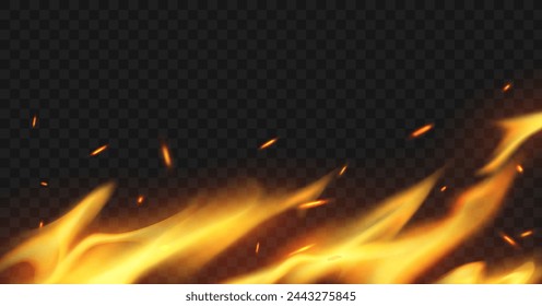 Realistic fire flame. Big stinky tongues with sparks and flames on a transparent background. Vector illustration