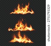 Realistic Fire Flame Border Set. Vector Glowing Burning Lines Isolated on Transparent Background
