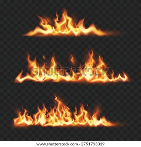 Realistic Fire Flame Border Set. Vector Glowing Burning Lines Isolated on Transparent Background