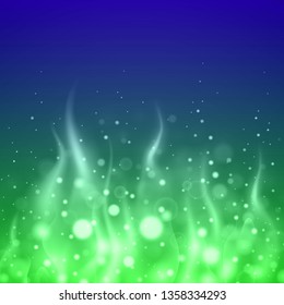 Realistic fire flame. Burning glowing particles flying up. Isolated on blue background. Firestorm texture. Vector illustration.