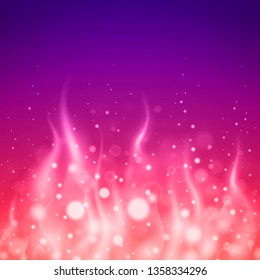 Realistic fire flame. Burning glowing particles flying up. Isolated on purple background. Firestorm texture. Vector illustration.