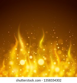 Realistic fire flame. Burning glowing particles flying up. Isolated on yellow background. Firestorm texture. Vector illustration.