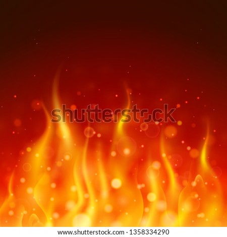 Realistic fire flame. Burning glowing particles flying up. Isolated on red background. Firestorm texture. Vector illustration.