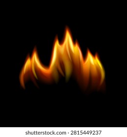 Realistic fire flame burning on black background. Hot orange yellow blaze fire effect digital vector art. Food advertising spice heat product promotion cosmetic warming medicine pharmaceutical poster vector illustration