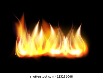 Realistic fire flame element isolated on black background vector illustration.