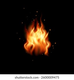 Realistic fire flame isolated on black background. Transparency vector format, mockup bright burning blaze with ember particles. Glowing fiery element with sparks