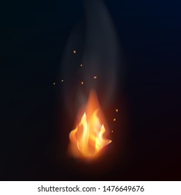 Realistic fire flame on dark background. Isolated vector illustration