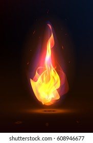 Realistic fire. Flame on a dark background. Hot flashes of flame. Bonfire. Burn the fire. Overlay of heat. Vector illustration with a glow effect. 