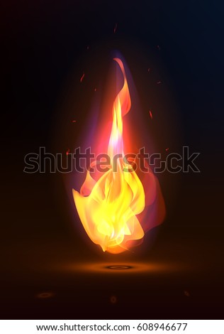 Realistic fire. Flame on a dark background. Hot flashes of flame. Bonfire. Burn the fire. Overlay of heat. Vector illustration with a glow effect. 