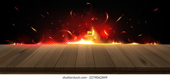 Realistic fire flame on kitchen wooden table vector background. Light from flying spark and smoke under empty wood desk surface. Orange and red bonfire illustration with heat flake on board.