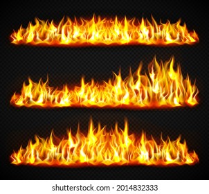 Realistic fire flame set. Horizontal burning bonfires isolated on dark transparent background