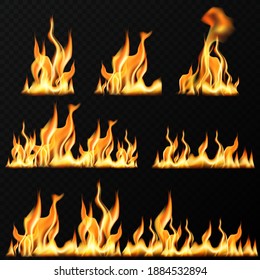 Realistic fire flame set on transparent black background