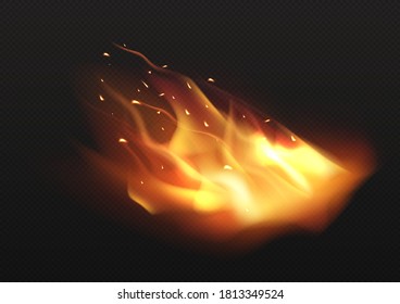 Realistic fire flame or spark  with different shapes isolated on black transparent background. Burning design element. Vector illustration.