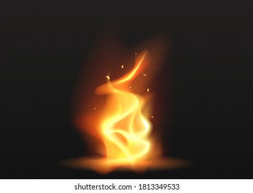 Realistic fire flame or spark  with different shapes isolated on black transparent background. Burning design element. Vector illustration.