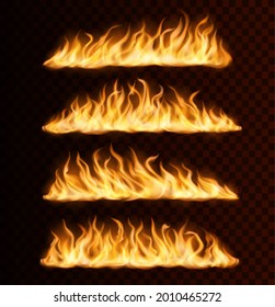 Realistic fire flame trails, burning vector tongues on transparent background. Raging blaze effect, glowing shining flare borders glow, blazing inferno traces or lines, isolated 3d design elements set