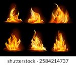 Realistic fire flames and effects set on transparent background