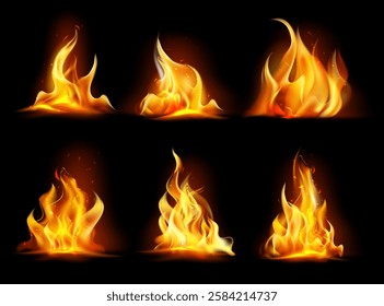 Realistic fire flames and effects set on transparent background