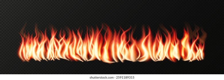 Realistic fire flames with glowing sparks and burning heat effects. High-quality vector illustration featuring translucent fiery blazes, campfire flames, and explosive fire lines on a dark background.