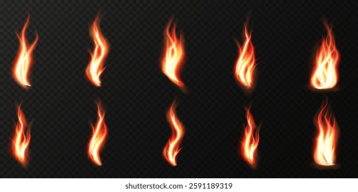Realistic fire flames with glowing sparks and burning heat effects. High-quality vector illustration featuring translucent fiery blazes, campfire flames, and explosive fire lines on a dark background.
