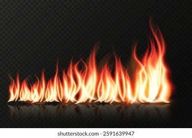 Realistic fire flames with glowing sparks and burning heat effects. High-quality vector illustration featuring translucent fiery blazes, campfire flames, and explosive fire lines on a dark background.