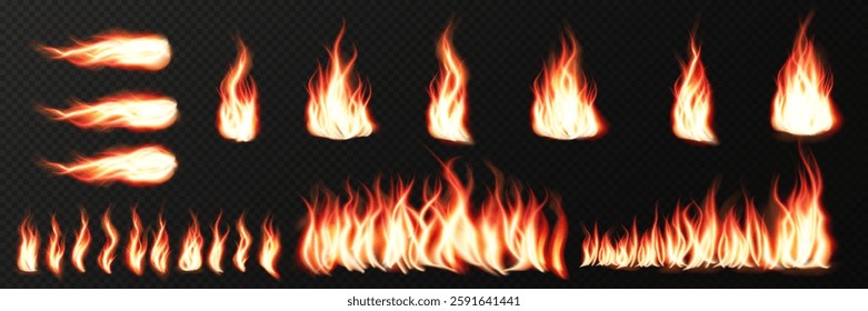 Realistic fire flames with glowing sparks and burning heat effects. High-quality vector illustration featuring translucent fiery blazes, campfire flames, and explosive fire lines on a dark background.