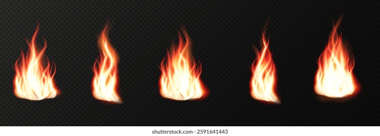 Realistic fire flames with glowing sparks and burning heat effects. High-quality vector illustration featuring translucent fiery blazes, campfire flames, and explosive fire lines on a dark background.