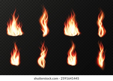 Realistic fire flames with glowing sparks and burning heat effects. High-quality vector illustration featuring translucent fiery blazes, campfire flames, and explosive fire lines on a dark background.