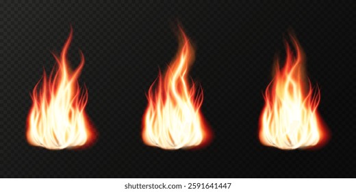 Realistic fire flames with glowing sparks and burning heat effects. High-quality vector illustration featuring translucent fiery blazes, campfire flames, and explosive fire lines on a dark background.