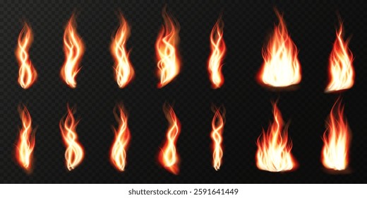 Realistic fire flames with glowing sparks and burning heat effects. High-quality vector illustration featuring translucent fiery blazes, campfire flames, and explosive fire lines on a dark background.