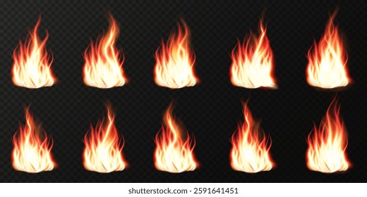 Realistic fire flames with glowing sparks and burning heat effects. High-quality vector illustration featuring translucent fiery blazes, campfire flames, and explosive fire lines on a dark background.