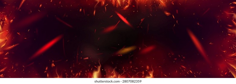  Realistic fire flames with glowing sparks and smoke effect on black background. Vector illustration of fiery orange and red burning embers, dramatic heat overlay