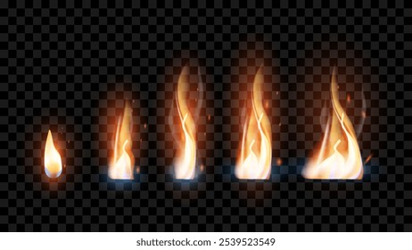 Realistic Fire Flames and Hot Effects Set: Vector Illustrations of Fire Borders, Blaze Icons, and Light Effects on Dark Background